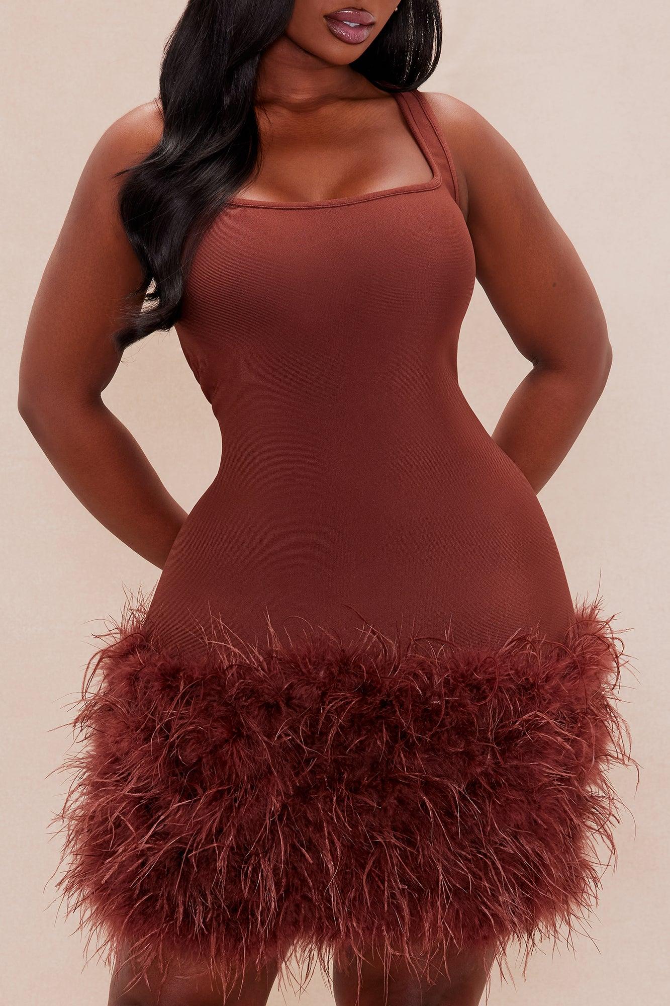 Remember Me Fur Trim Bandage Mini Dress - Brown Female Product Image