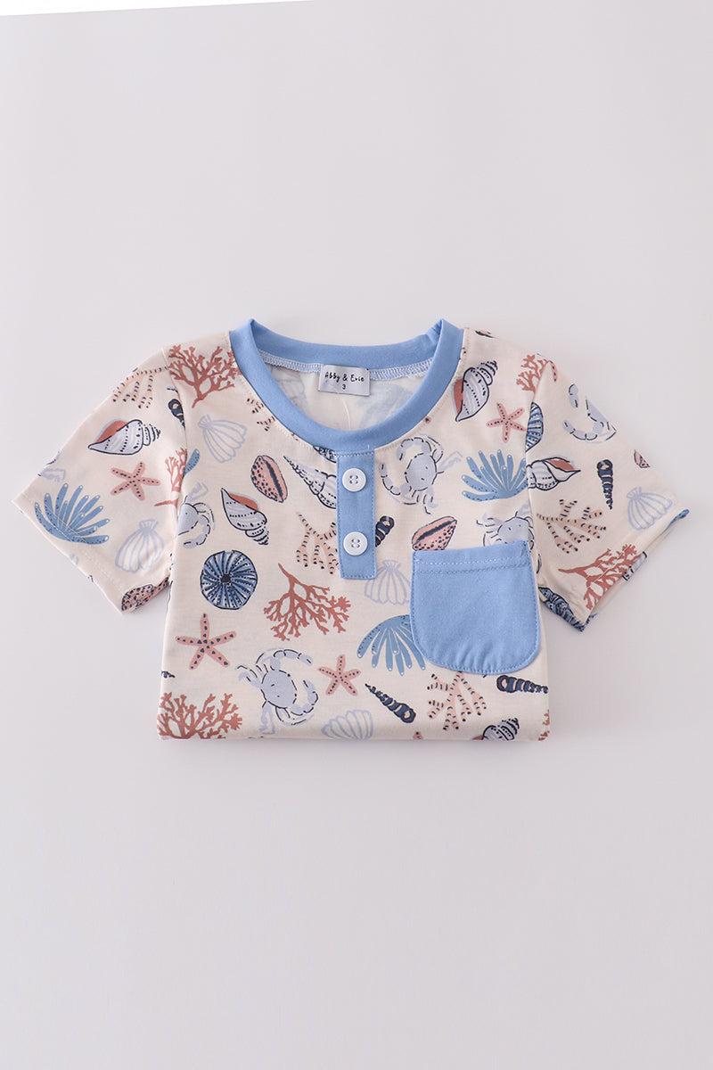 Blue ocean breeze shells print dad&me top Product Image