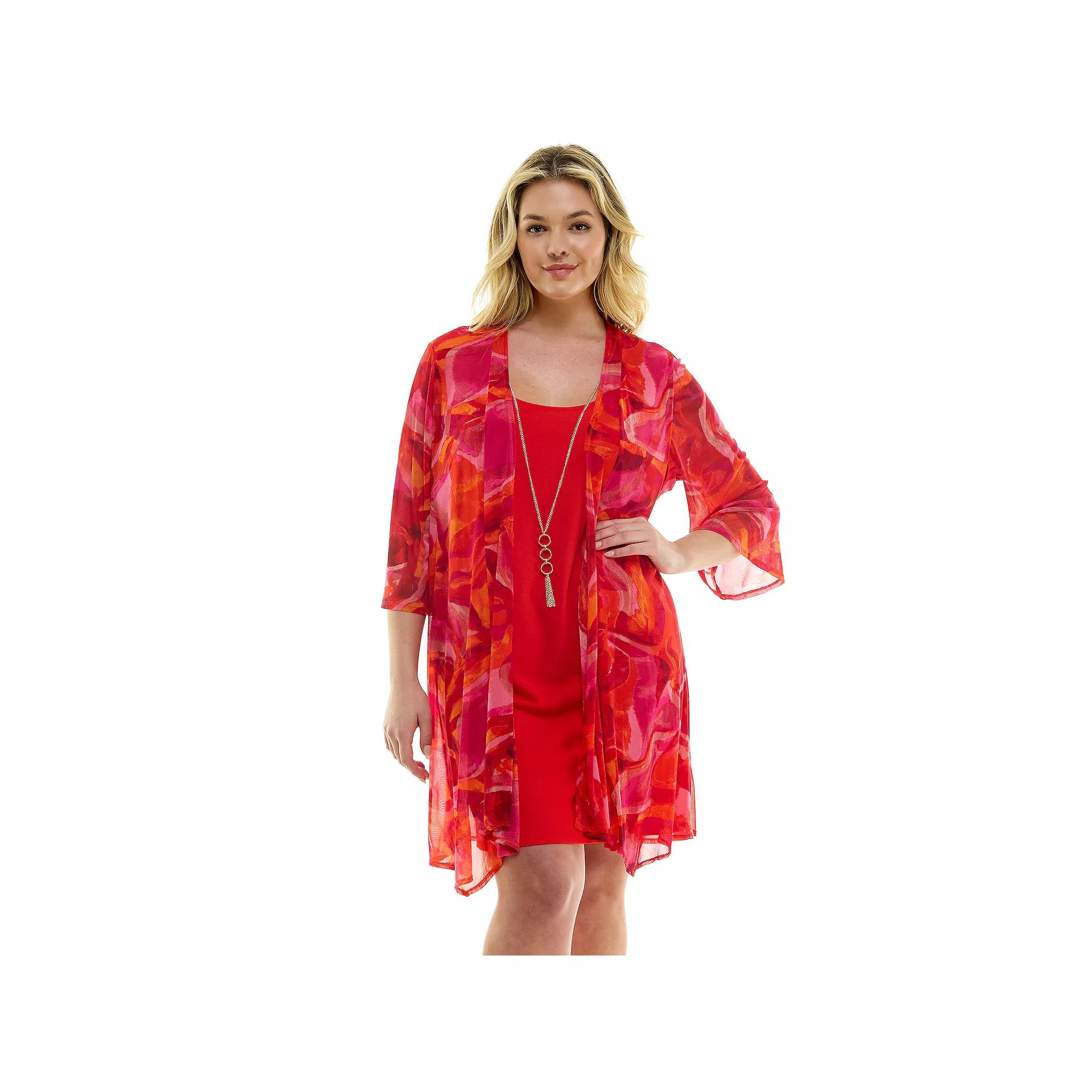 Plus Size Luxology 2-Piece 3/4 Sleeve Cardigan & Dress Set, Women's, Size: 3XL, Orange Pink Pink Product Image