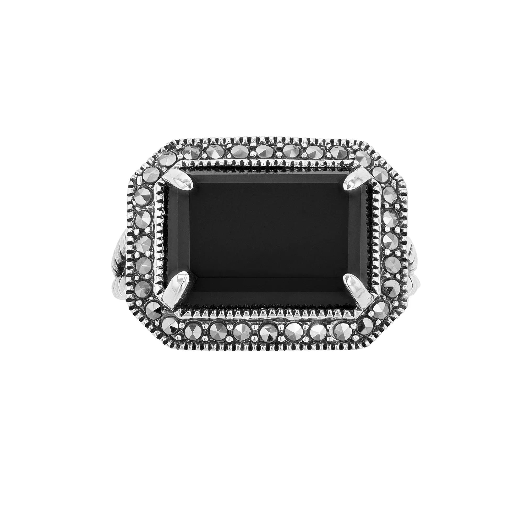 Lavish by TJM Sterling Silver Black Onyx & Marcasite East-West Rectangular Ring, Women's, Size: 7 Product Image