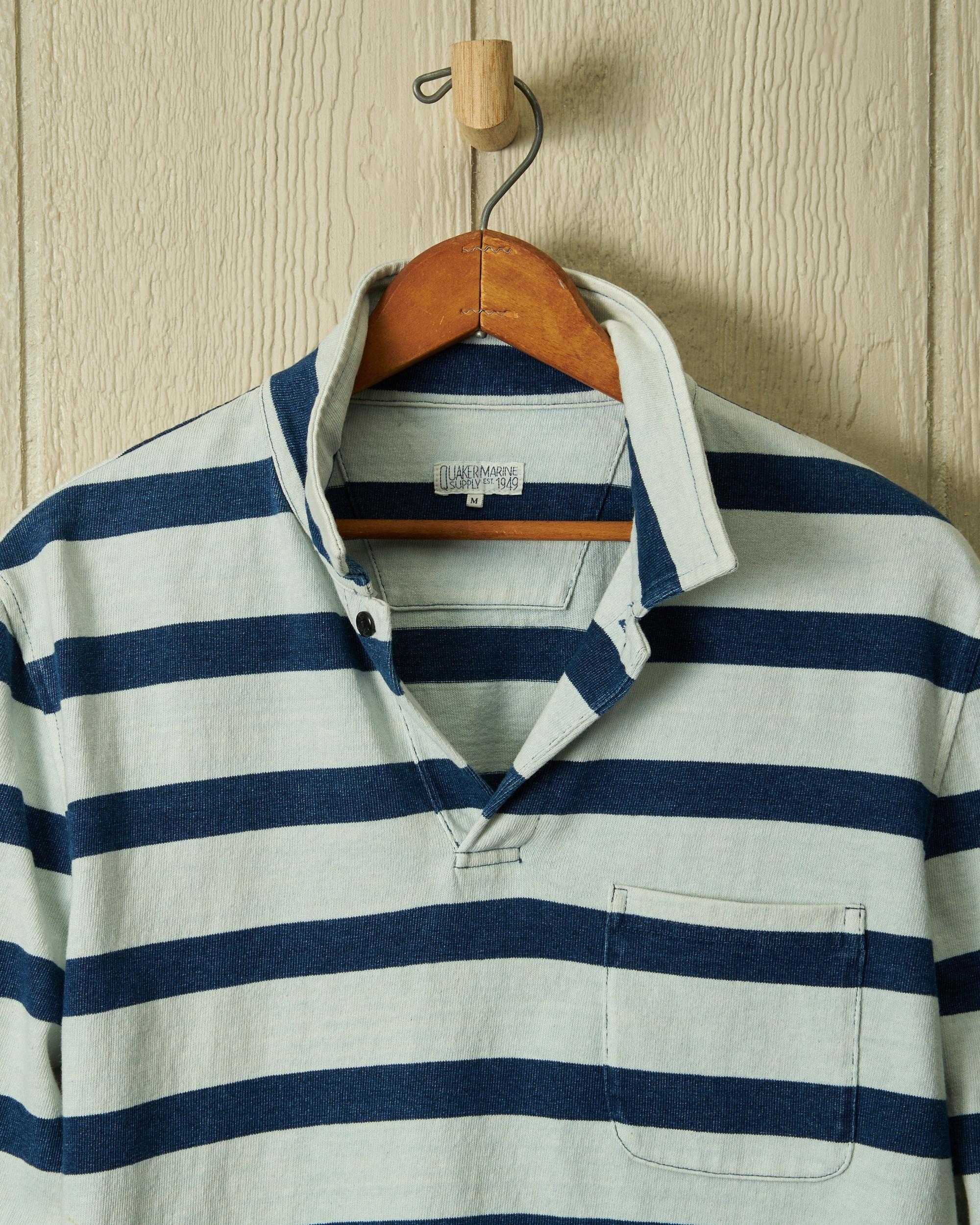 Long Sleeve Indigo Polo in Blue/Antique White Wide Stripe Product Image