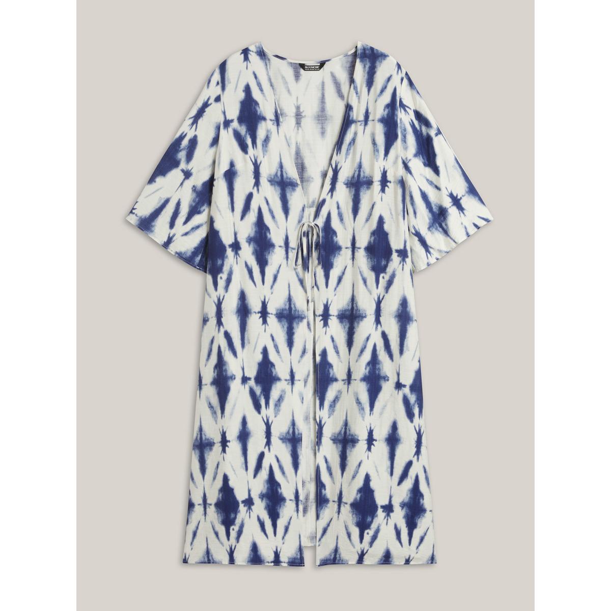 Plus Size Tie Dye Front-Tie Kimono Women Indigo Tie knot Loose Vacation Kimonos BloomChic 28/5X Product Image
