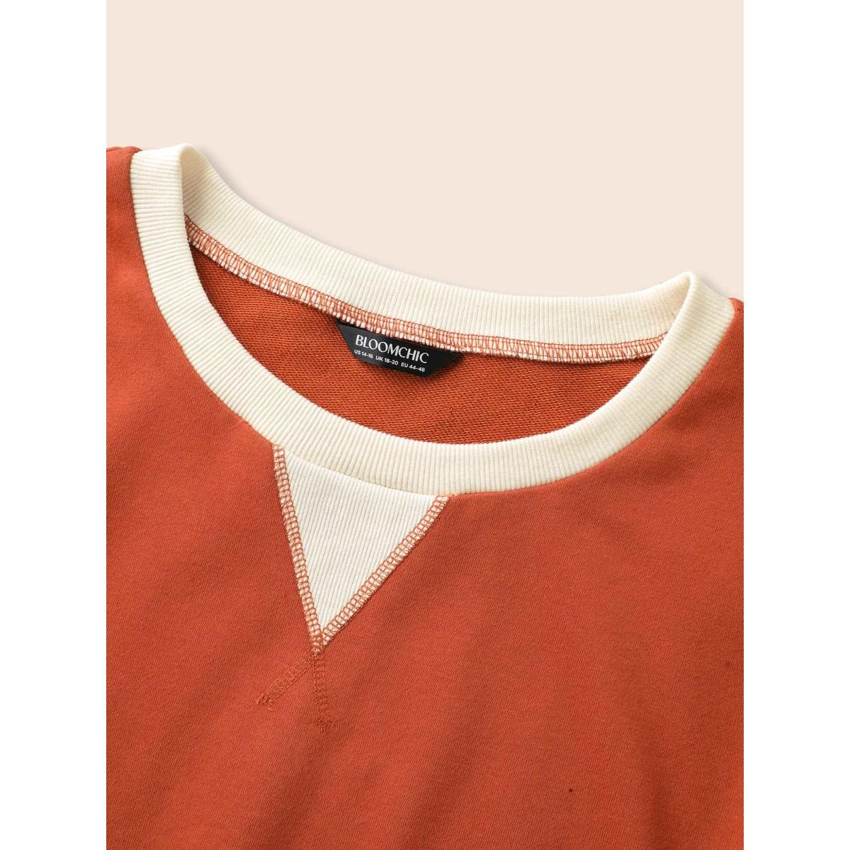 Plus Size Contrast Patchwork Drop Shoulder Sleeve Sweatshirt Women Rust Leisure Contrast Round Neck Casual Sweatshirts BloomChic 26/4X Product Image