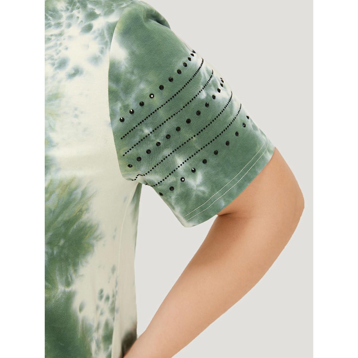 Plus Size Tie Dye Crew Neck Rivet Detail T-shirt Green Women Casual Tie Dye Round Neck Dailywear T-shirts BloomChic 26/4X Product Image
