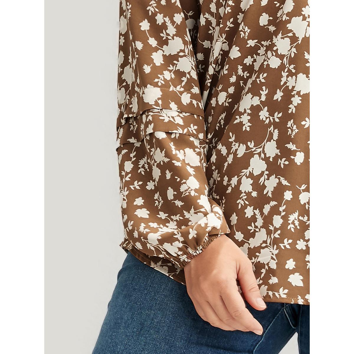 Plus Size Bronze Floral Lantern Sleeve Arc Hem Blouse Women Elegant Long Sleeve V-neck Dailywear Blouses BloomChic 10/M Product Image