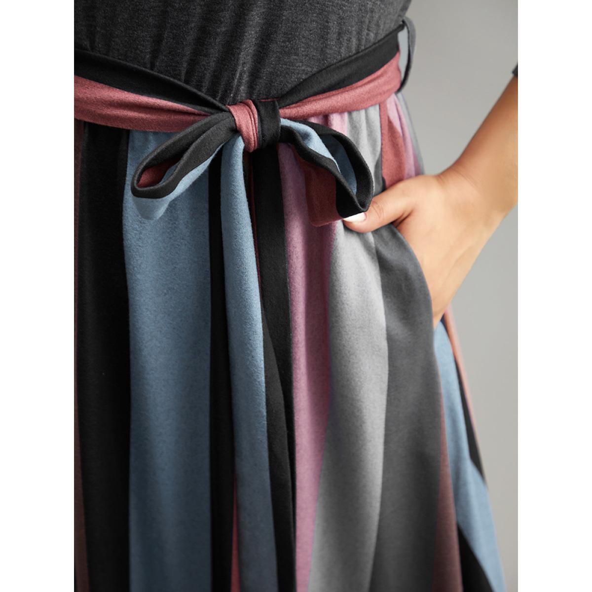Plus Size Striped Contrast Patchwork Belted Dress DimGray Women Casual Belted Round Neck Elbow-length sleeve Curvy Midi Dress BloomChic 26/4X Product Image