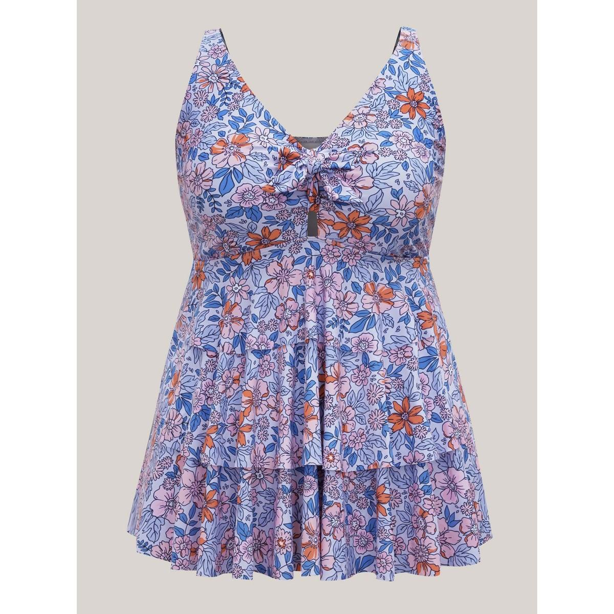 Plus Size Floral Print Tiered Ties Adjustable Swim Top Women's Swimwear Multicolor Resort Tie knot High stretch Bodycon V-neck Curve Swim Tops BloomChic 18-20/2X Product Image