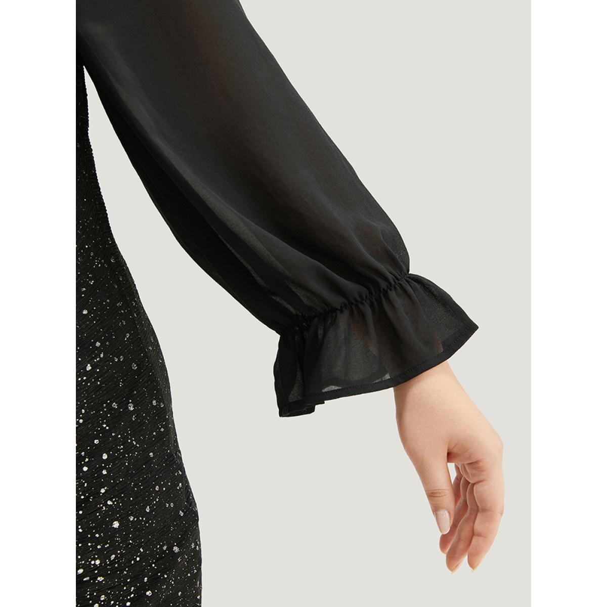 Plus Size Glitte Chiffon Square Neck Ruched Dress Black Women Party Gathered Square Neck Long Sleeve Curvy Knee Dress BloomChic 30/6X Product Image