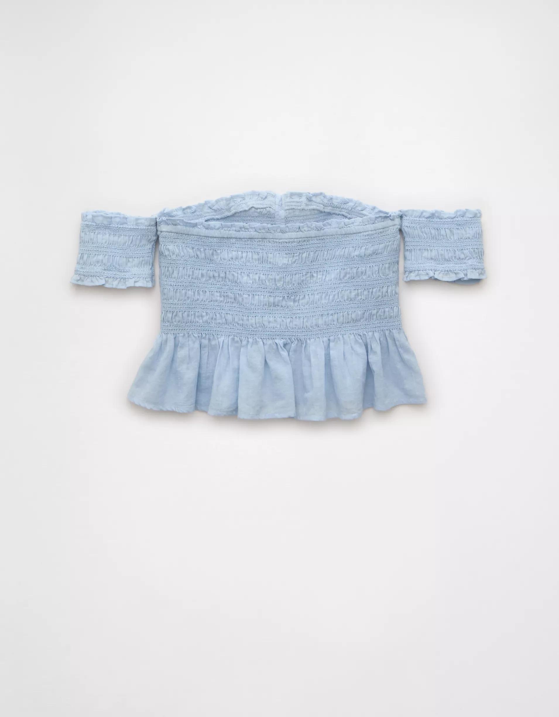 AE Off The Shoulder Smocked Tie Front Crop Top Product Image