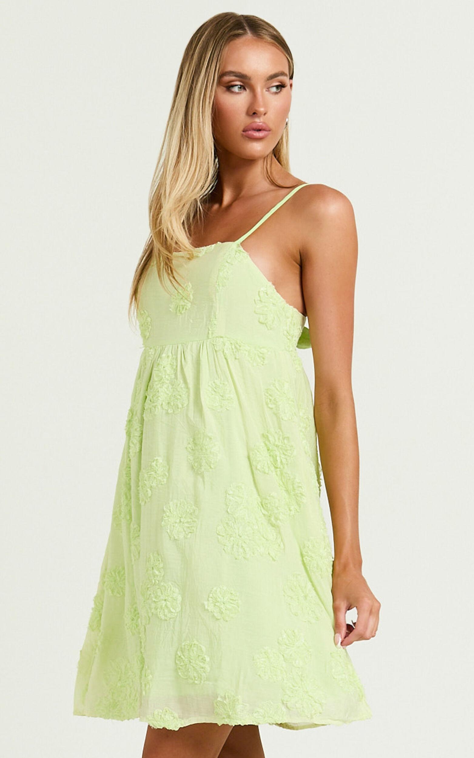 Claya Mini Dress - Sleeveless Straight Neckline Floral Detail Dress in Lime Product Image
