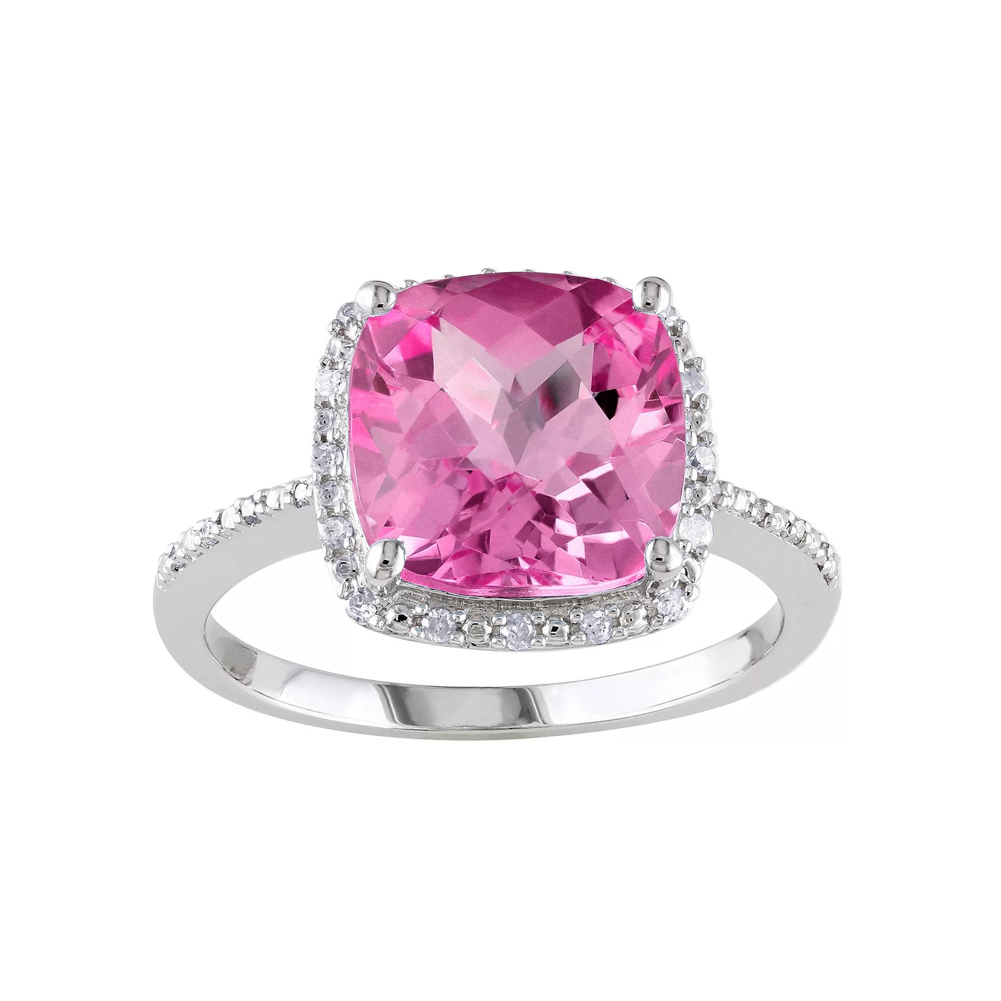 Stella Grace Sterling Silver Lab Created Pink Sapphire & 1/10 Carat T.W. Diamond Halo Ring, Women's,  Product Image