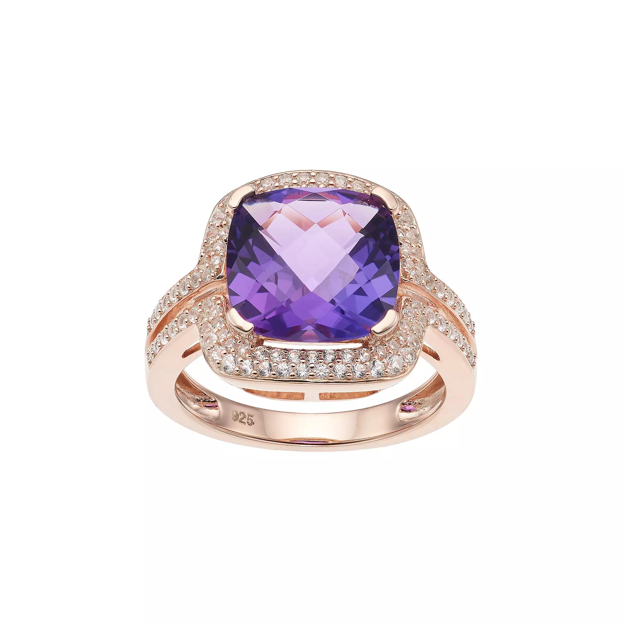 14k Rose Gold Over Silver Amethyst & Lab-Created White Sapphire Square Halo Ring, Women's, Size: 6, Pink Tone Product Image