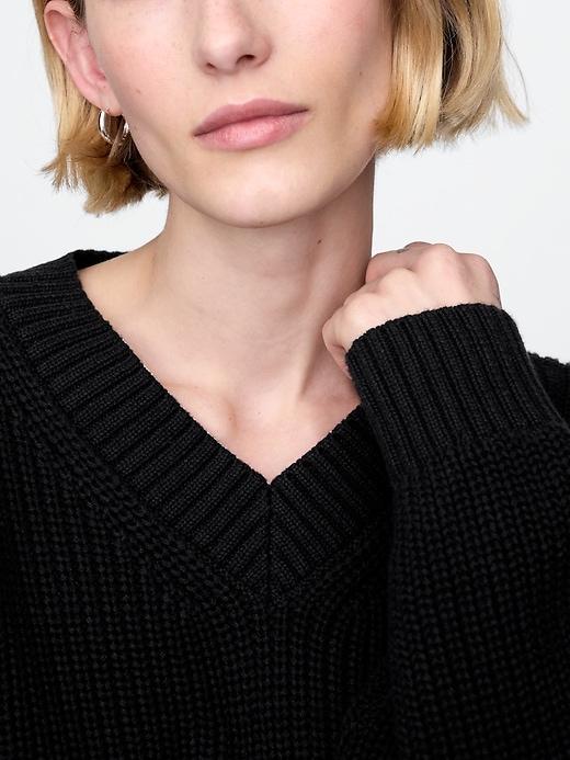 100% Cotton Shaker-Stitch V-Neck Sweater Product Image