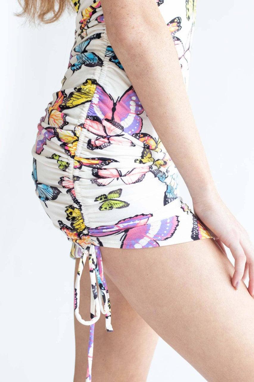 White Side Ruched Butterfly Dress Product Image