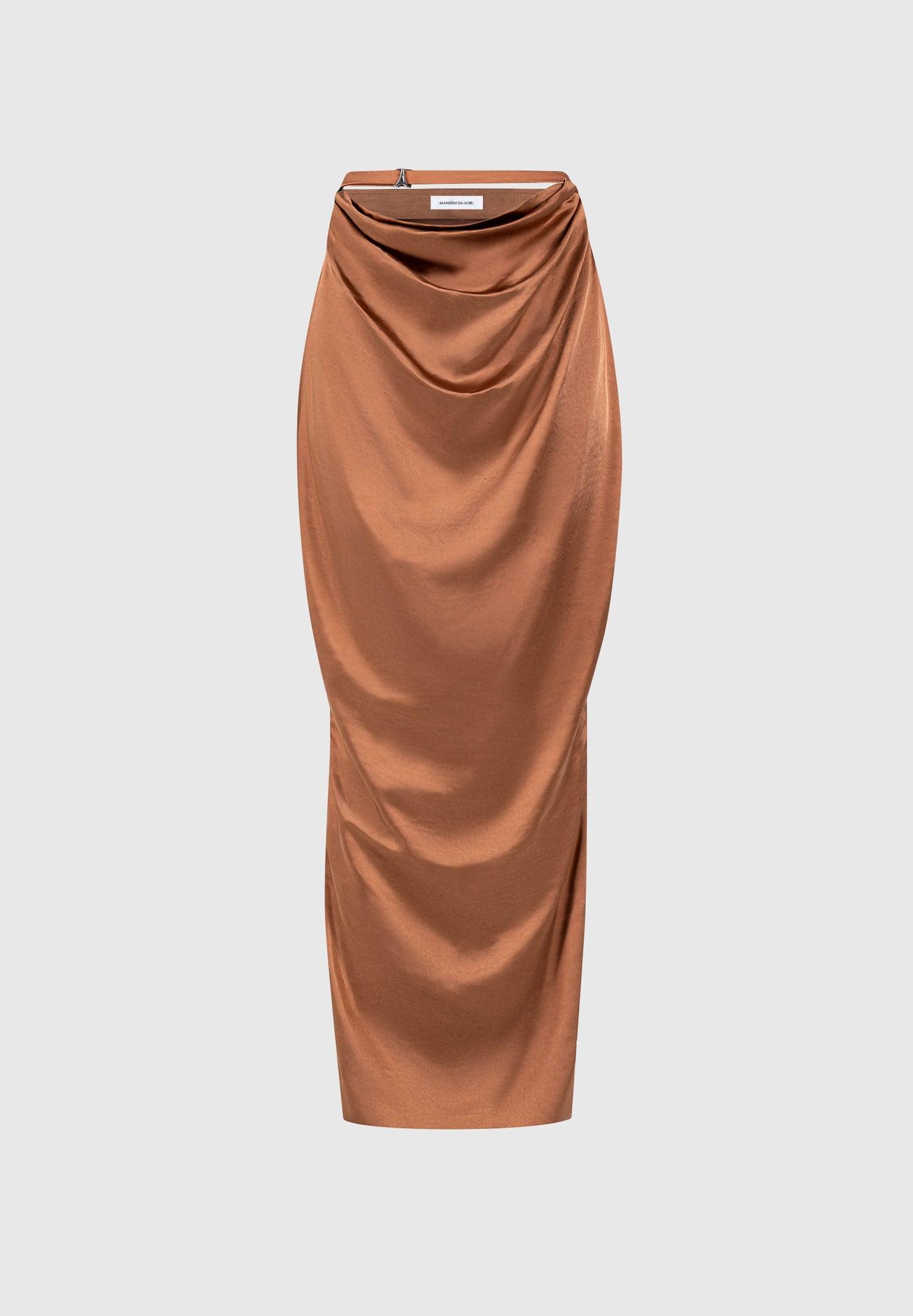 Satin Drape Belted Maxi Skirt - Bronze Female Product Image