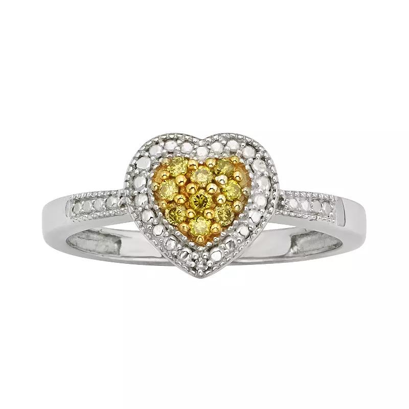Jewelexcess Sterling Silver 1/10-ct. T.W. Yellow and White Diamond Heart Ring, Women's,  Product Image