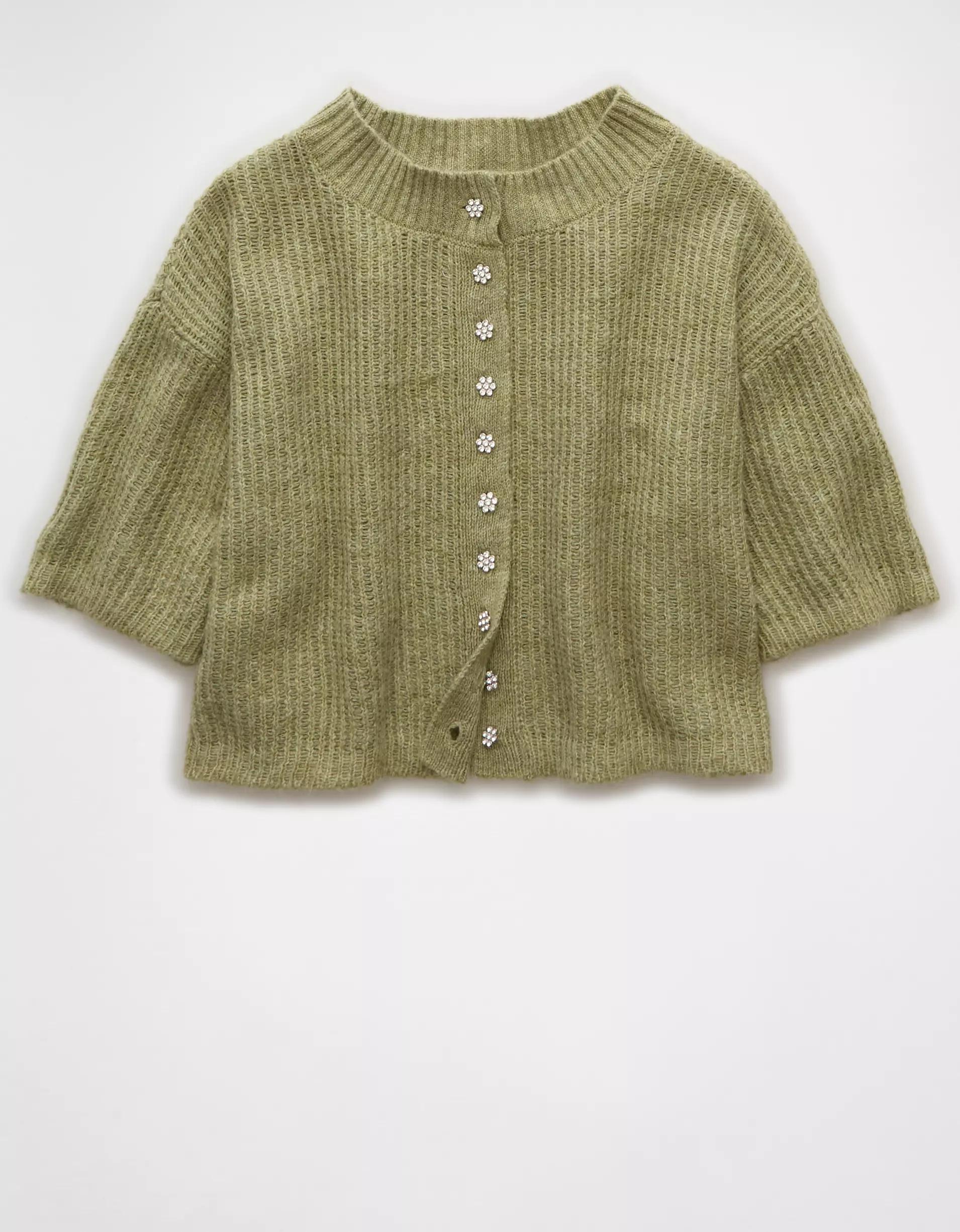 AE Short-Sleeve Crew Neck Cropped Cardigan Product Image