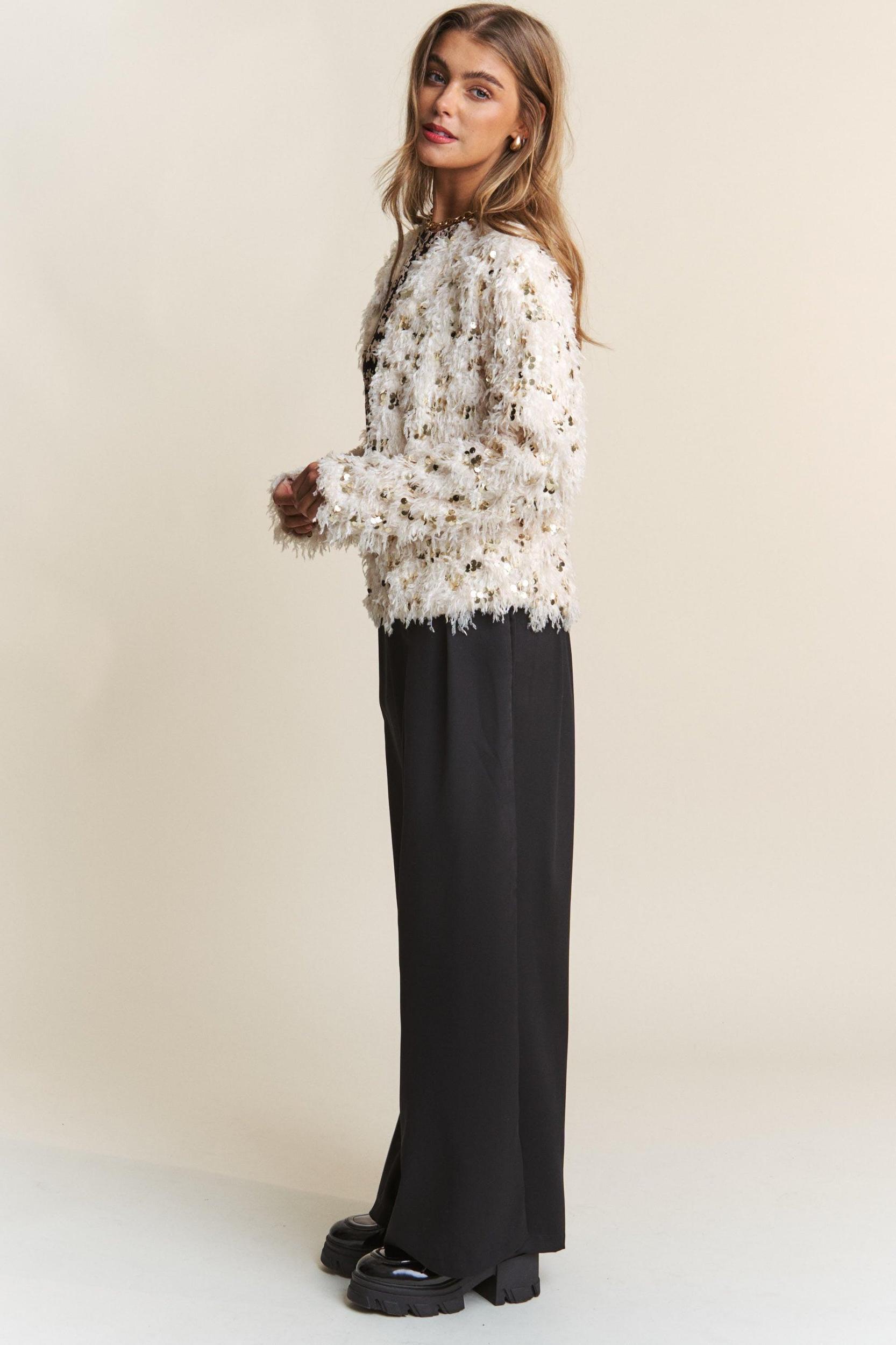 Casual Fuzzy Sequins Open Jacket Product Image