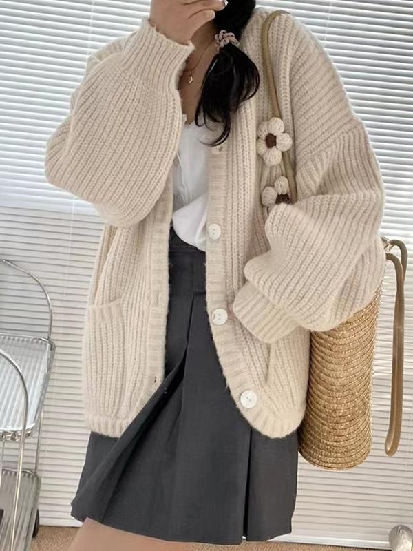 Three Dimensional Flower Decor Crew Neck Knit Cardigan Product Image