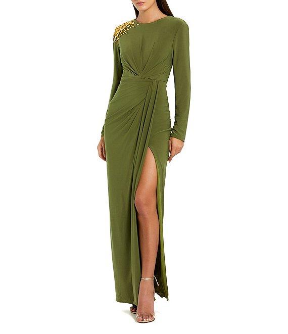 Mac Duggal Jersey Knit Beaded Shoulder Crew Neck Long Sleeve Wrap Gown Product Image