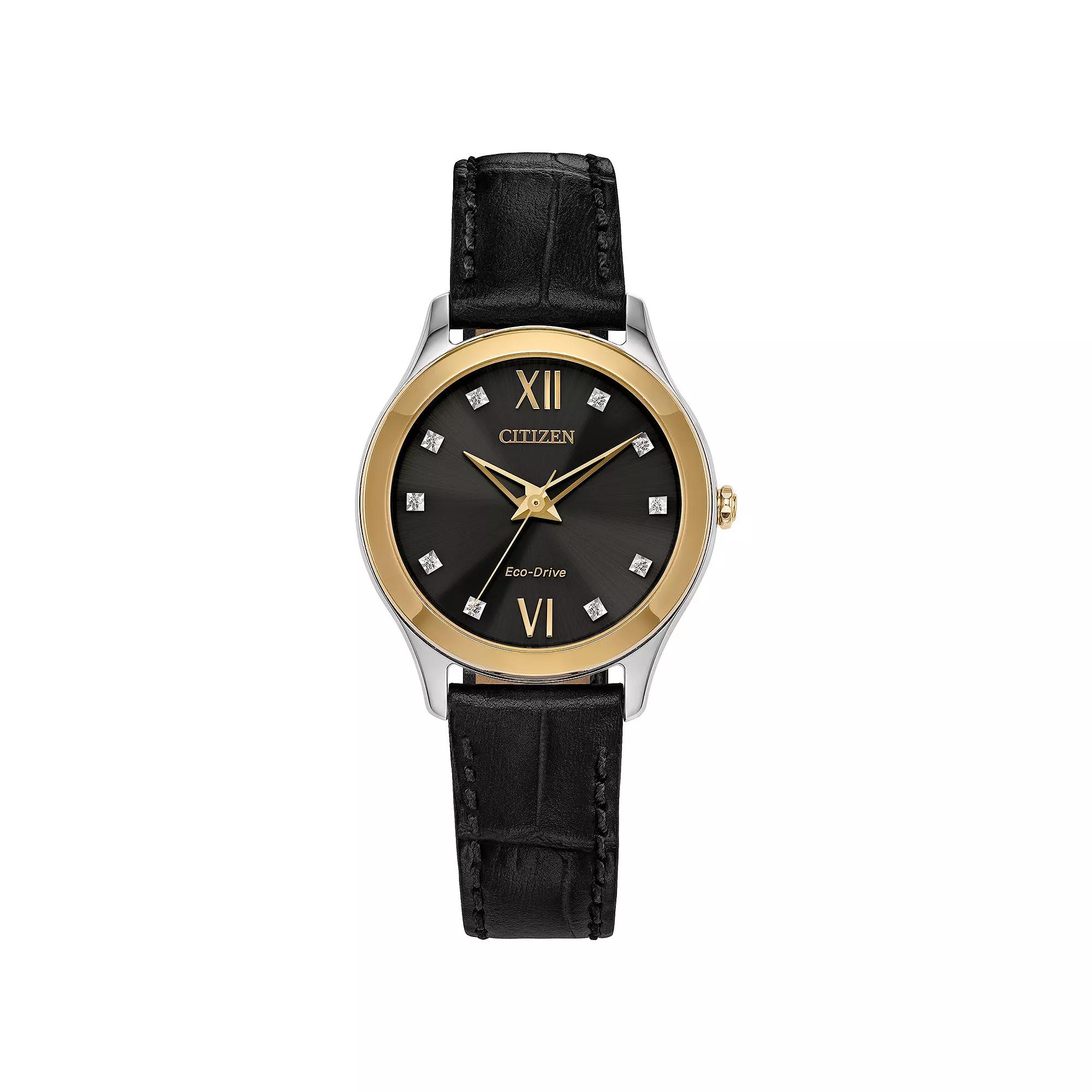 Citizen Axiom Eco-Drive Women's Two Tone Stainless Steel Diamond Accent Leather Strap Watch, Size: Small, Black Product Image