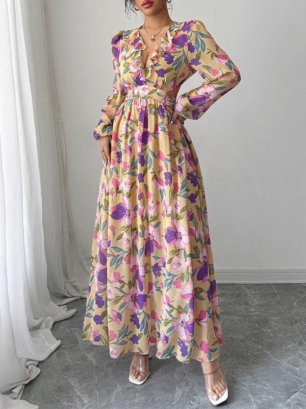 A-Line Long Sleeves Contrast Color Elasticity Flower Print Pleated Ruffle Trim V-Neck Maxi Dresses Product Image