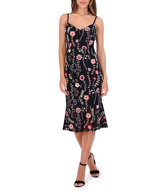 SIENA V-Neck Spaghetti Strap Floral Embroidered Lace Sheath Ruffle Hem Midi Dress Product Image