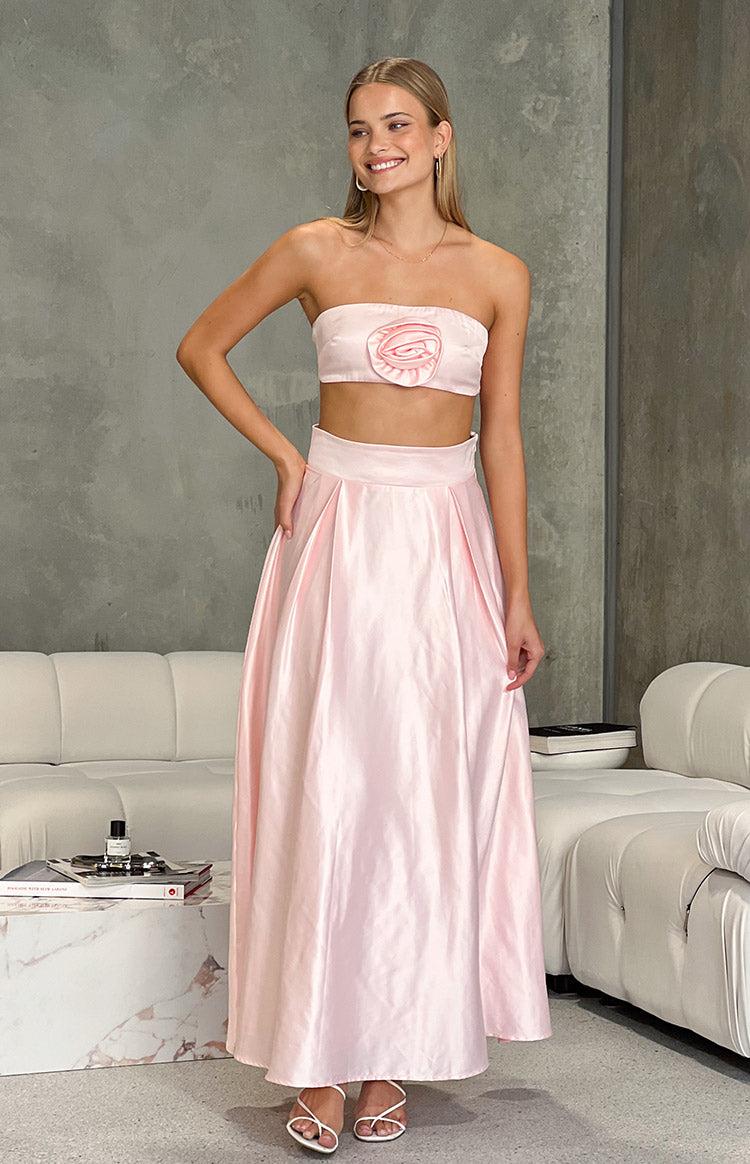 Nakiyah Pink Satin High Waisted Maxi Skirt Product Image