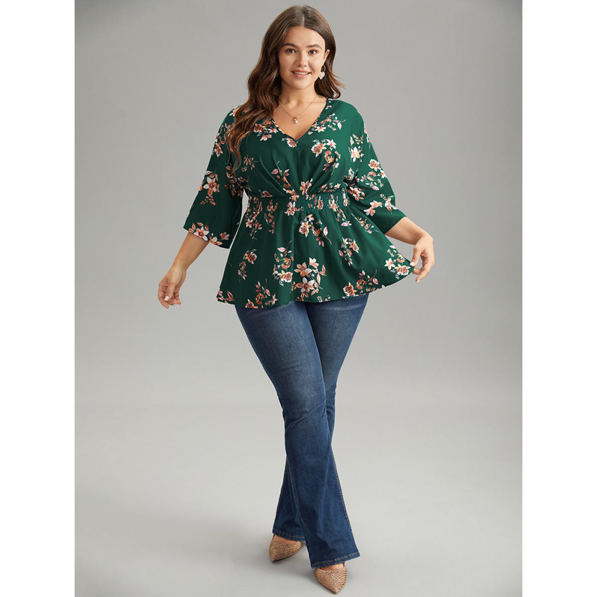 Plus Size DarkGreen Floral Print Shirred Plicated Detail Blouse Women Elegant Elbow-length sleeve V-neck Dailywear Blouses BloomChic 28/5X Product Image