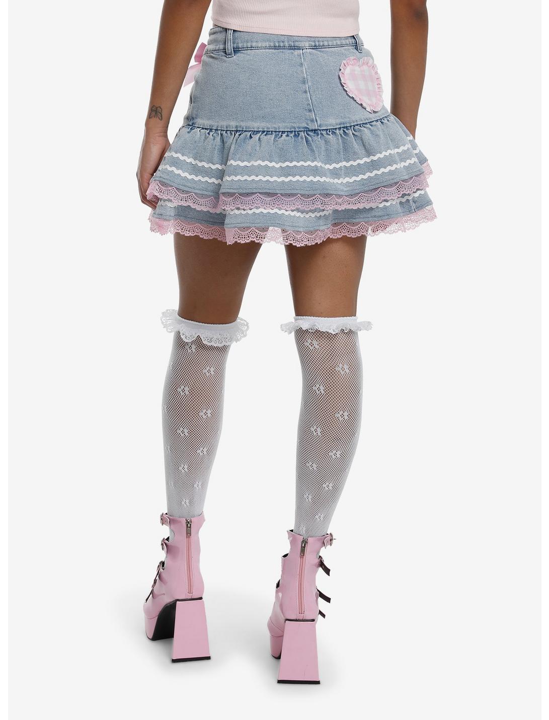 Sweet Society Light Blue Denim Pink Bow Ruffle Mini Skirt Product Image