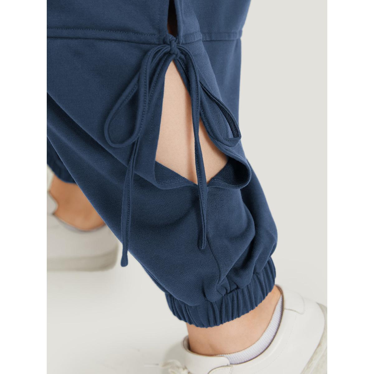 Solid Drawstring Pocket Ties Cut Out Sweatpants Aegean Plus Size Women Casual Dailywear Plain 14-16/1X Bloomchic Product Image