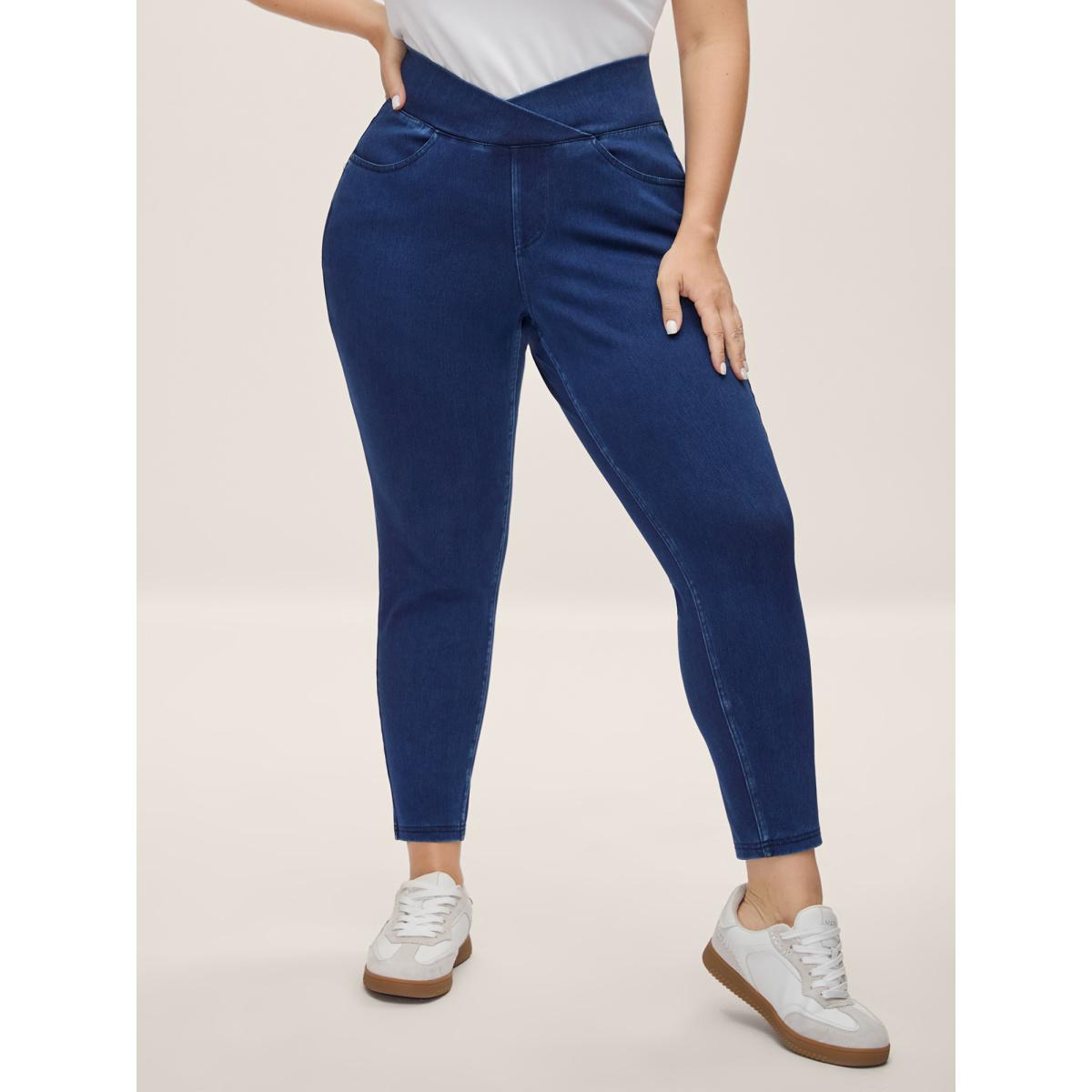 Plus Size Overlap Hem Yoga Stretch Skinny Knit Jeans Women Midblue High stretch Slanted pocket Jeans BloomChic 26/4X Product Image