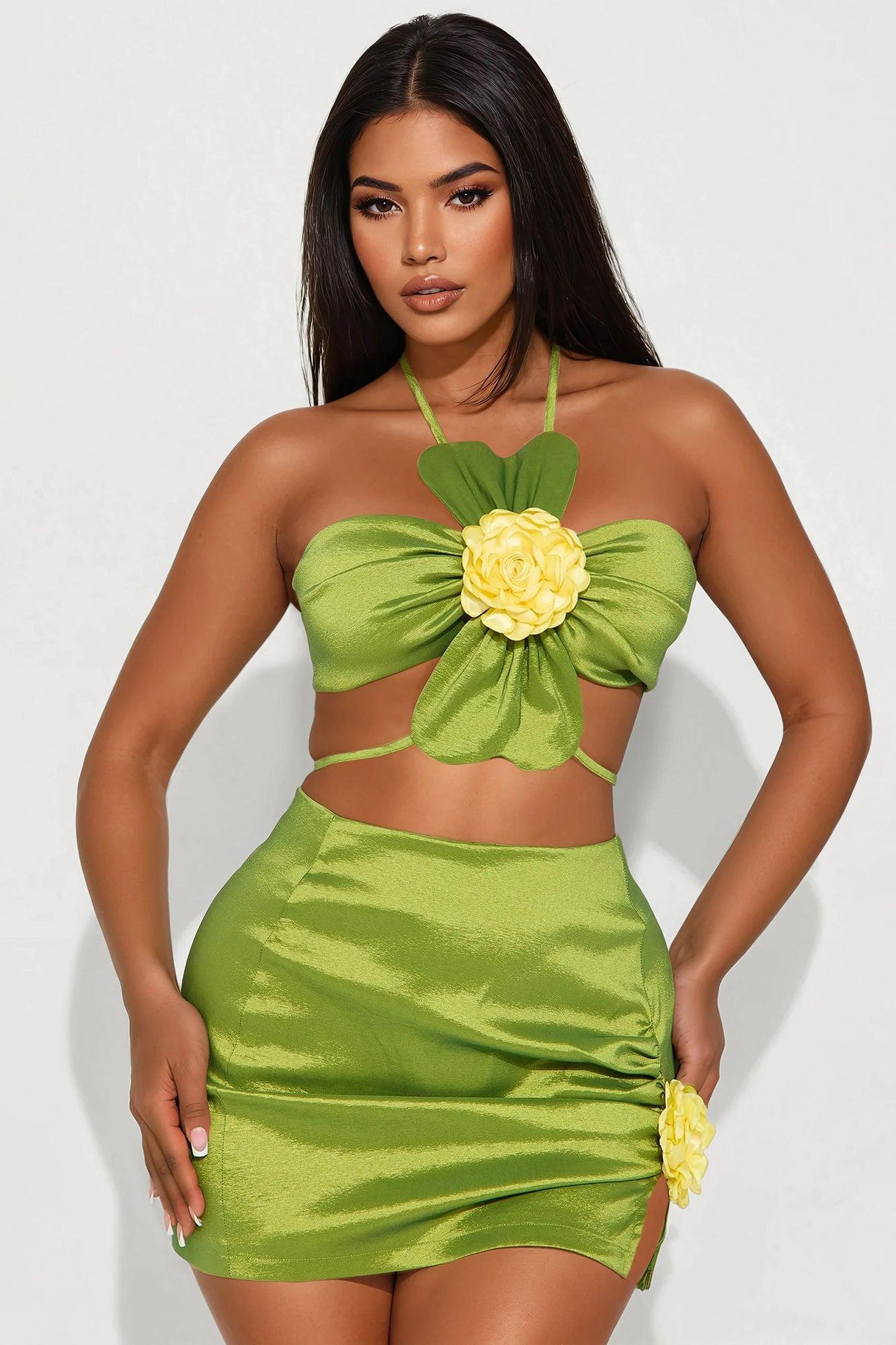 Blossom Burst Vacation Halter Skirt Set - Chartreuse Product Image