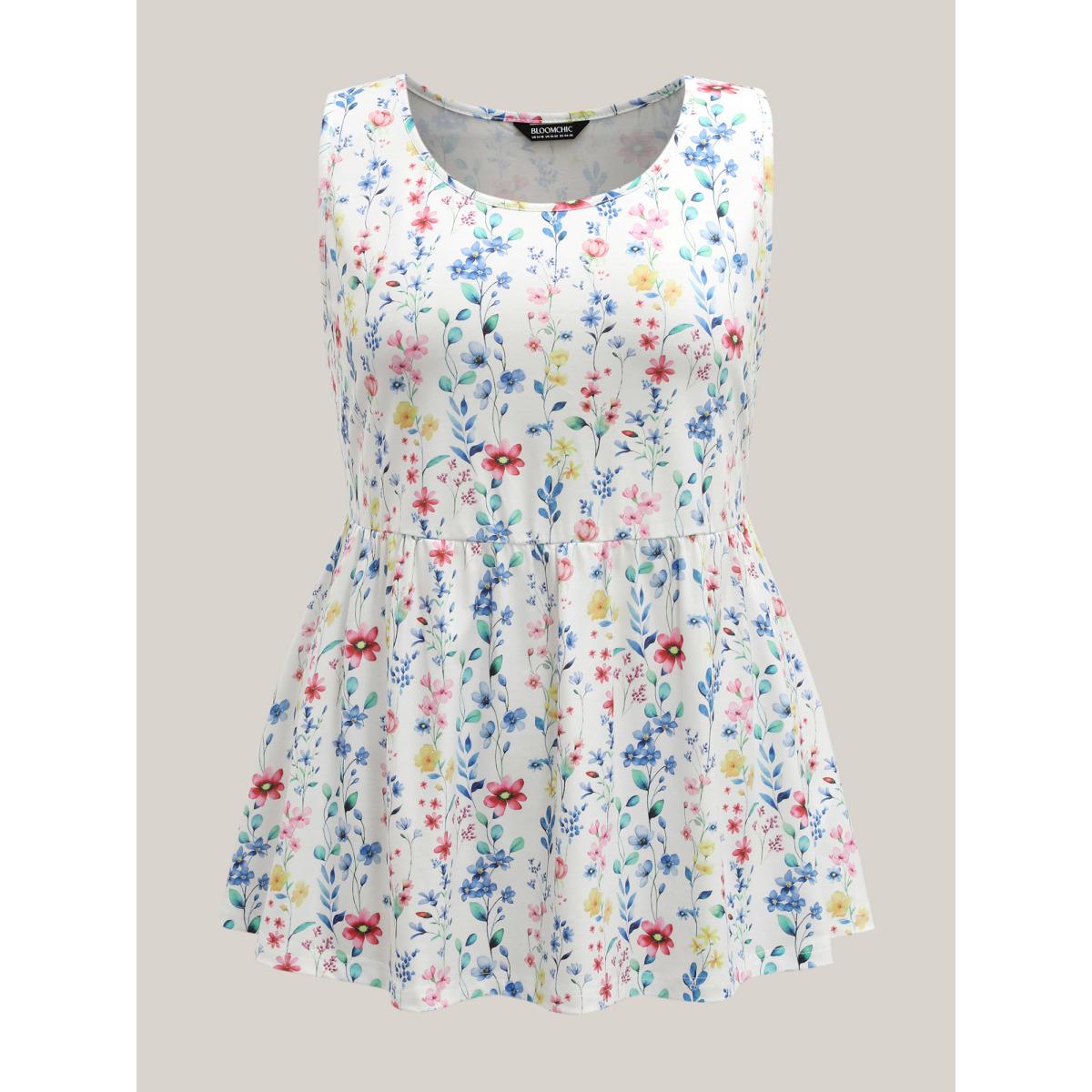 Plus Size Floral Print Stretchy Colorful Babydoll Top Women WhiteSmoke Leisure Gathered Round Neck Casual Tank Tops Camis BloomChic 18-20/2X Product Image