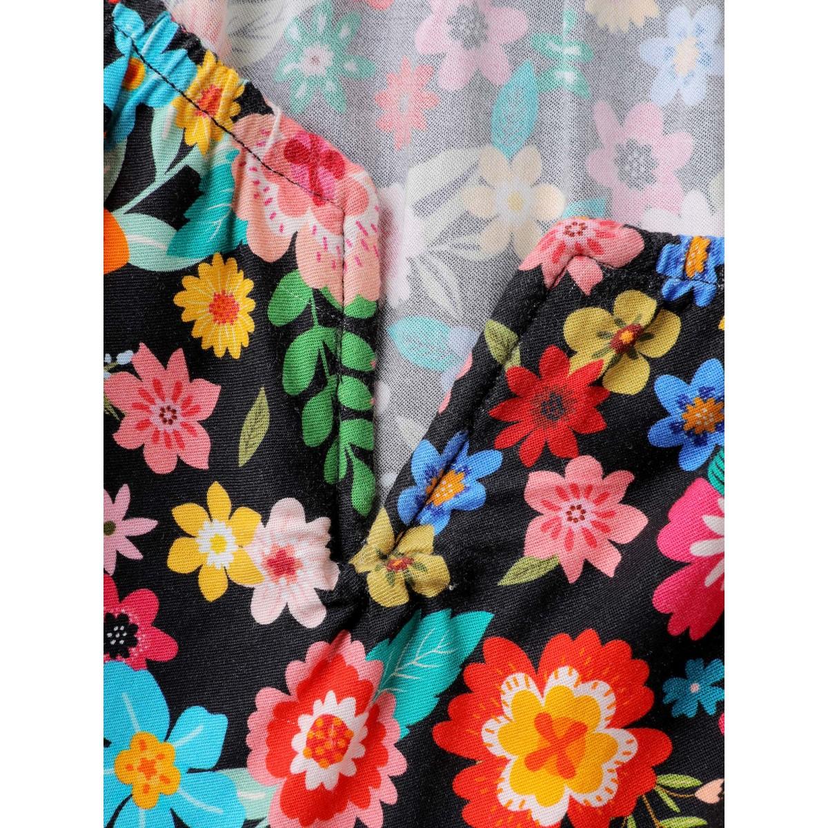 Plus Size BlackFlower Colorful Floral Print Cinched-Flared Blouse Women Playful Extra Long Sleeve Notched collar Casual Blouses BloomChic 28/5X Product Image