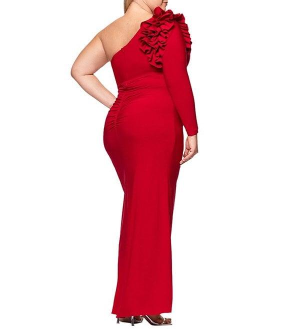 Xscape Plus Size Asymmetrical Ruffle Shoulder Long Sleeve Sheath Dress Product Image