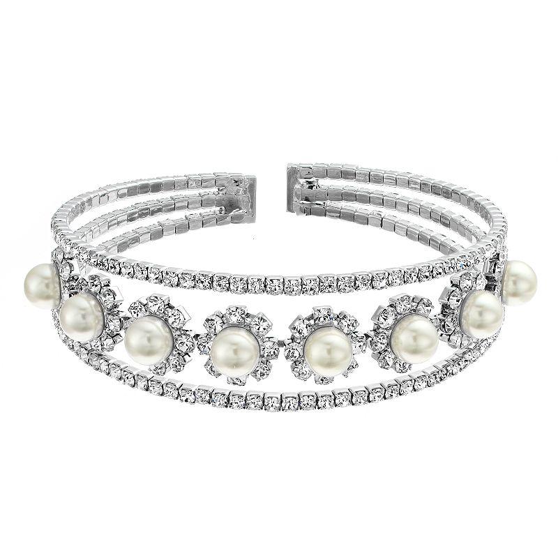 Vieste Crystal & Pearl Nickel Free Drama Cuff Bracelet, Women's, Silver Tone Product Image