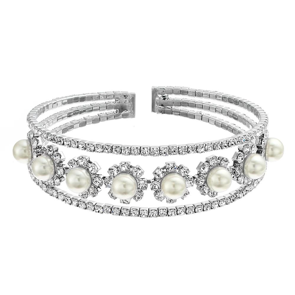 Vieste Crystal & Pearl Nickel Free Drama Cuff Bracelet, Women's, Silver Tone Product Image
