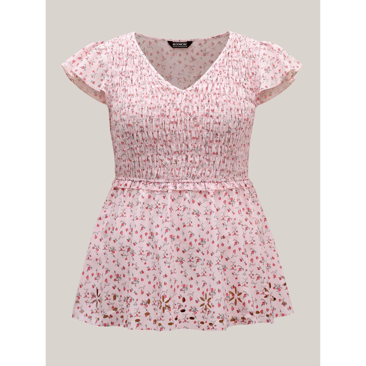 Plus Size Lightpink Shirred Laser Cut Hem Floral Blouse Women Cap Sleeve V-neck Everyday-Elegant Blouses BloomChic 12/L Product Image