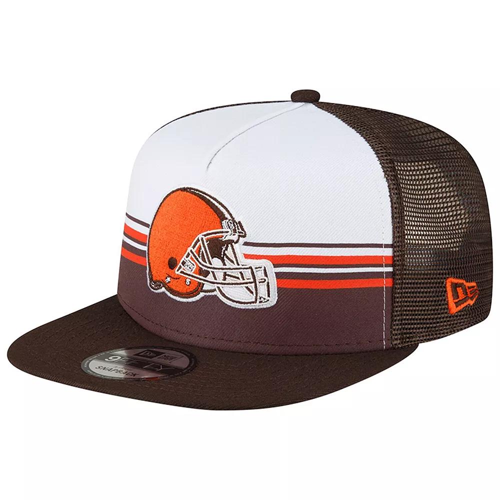 Men's New Era White/Brown Cleveland Browns Striped A-Frame 9FIFTY Trucker Snapback Hat Product Image
