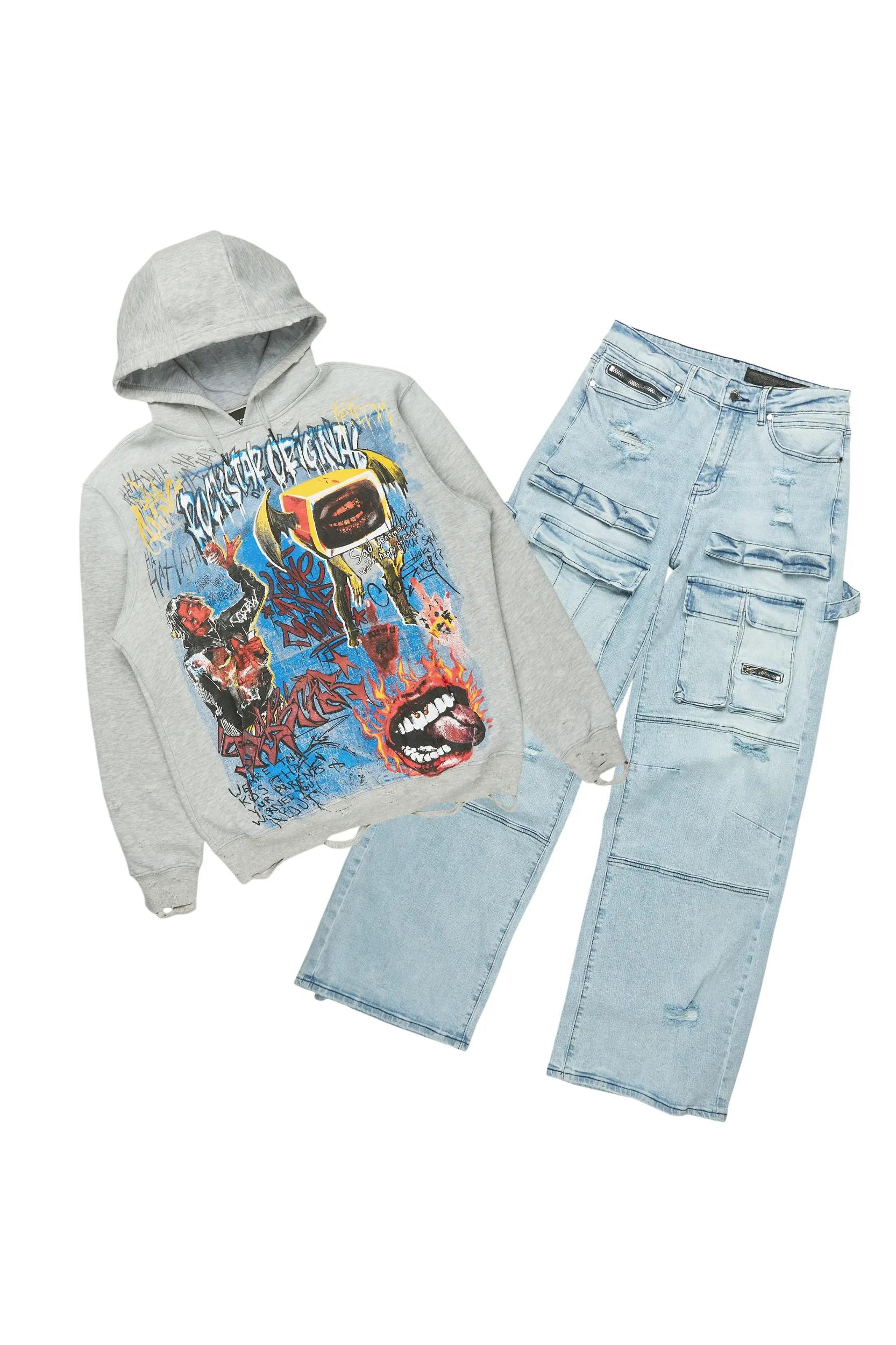 Yooz Heather Grey Hoodie & Deco Stacked Flare PU Jean Bundle Male Product Image