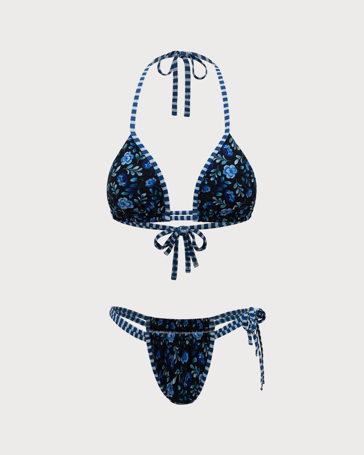 Royal Blue Knit Print Contrast Bikini Set Product Image