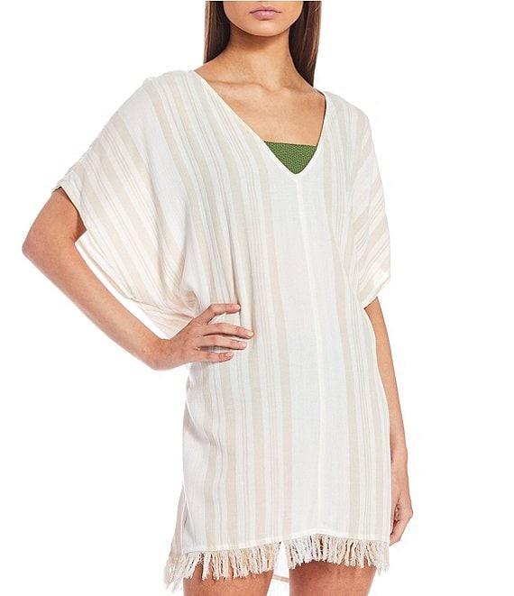 Billabong Walk Away Crinkled Striped V-Neck Fringe Swim Cover-Up Dress Product Image