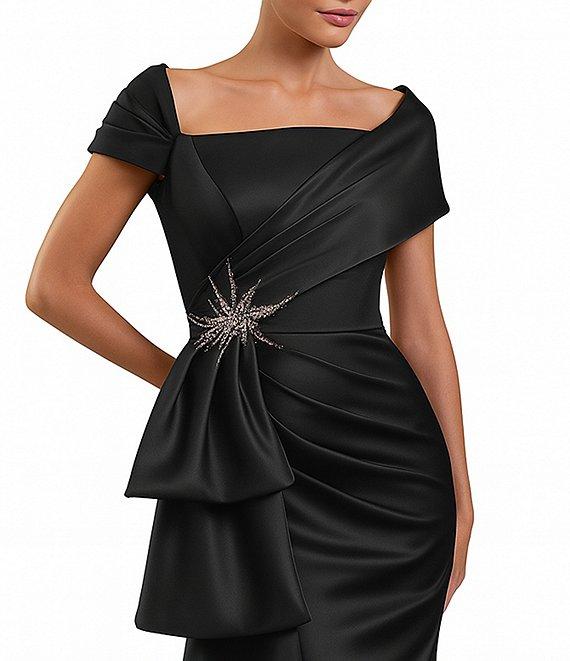 Terani Couture Satin Off The Shoulder Neck Short Sleeve Front Rhinestone Drape Gown Product Image
