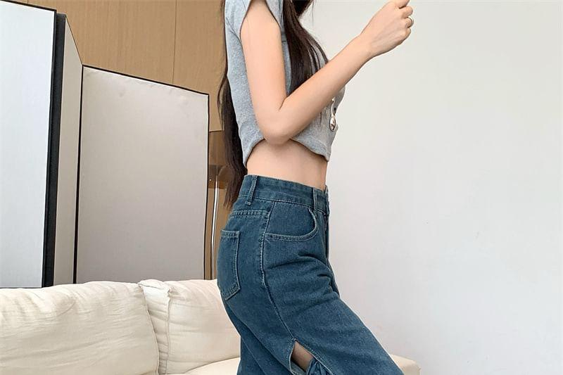 High Waist Washed Flower Detail Wide Leg Jeans Product Image