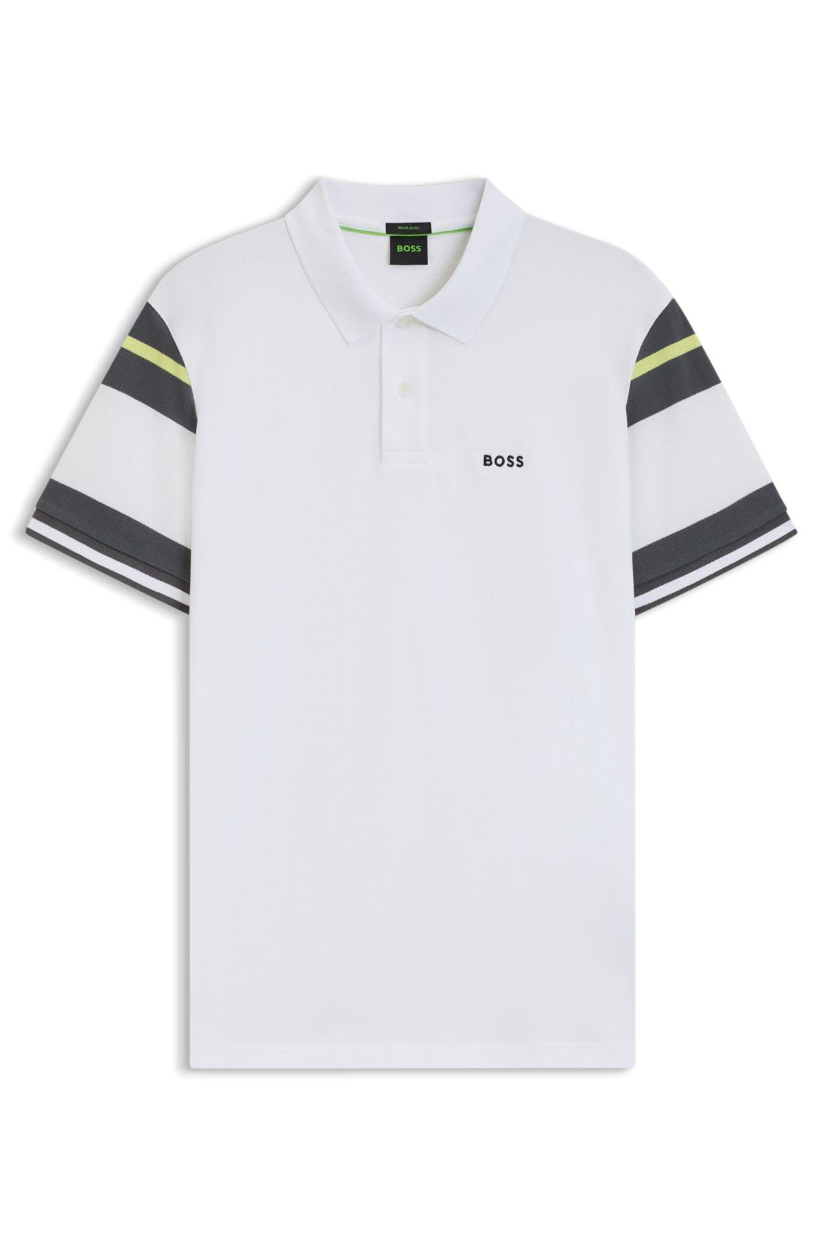 BOSS - Slim-fit polo shirt in cotton with block stripes - White Product Image