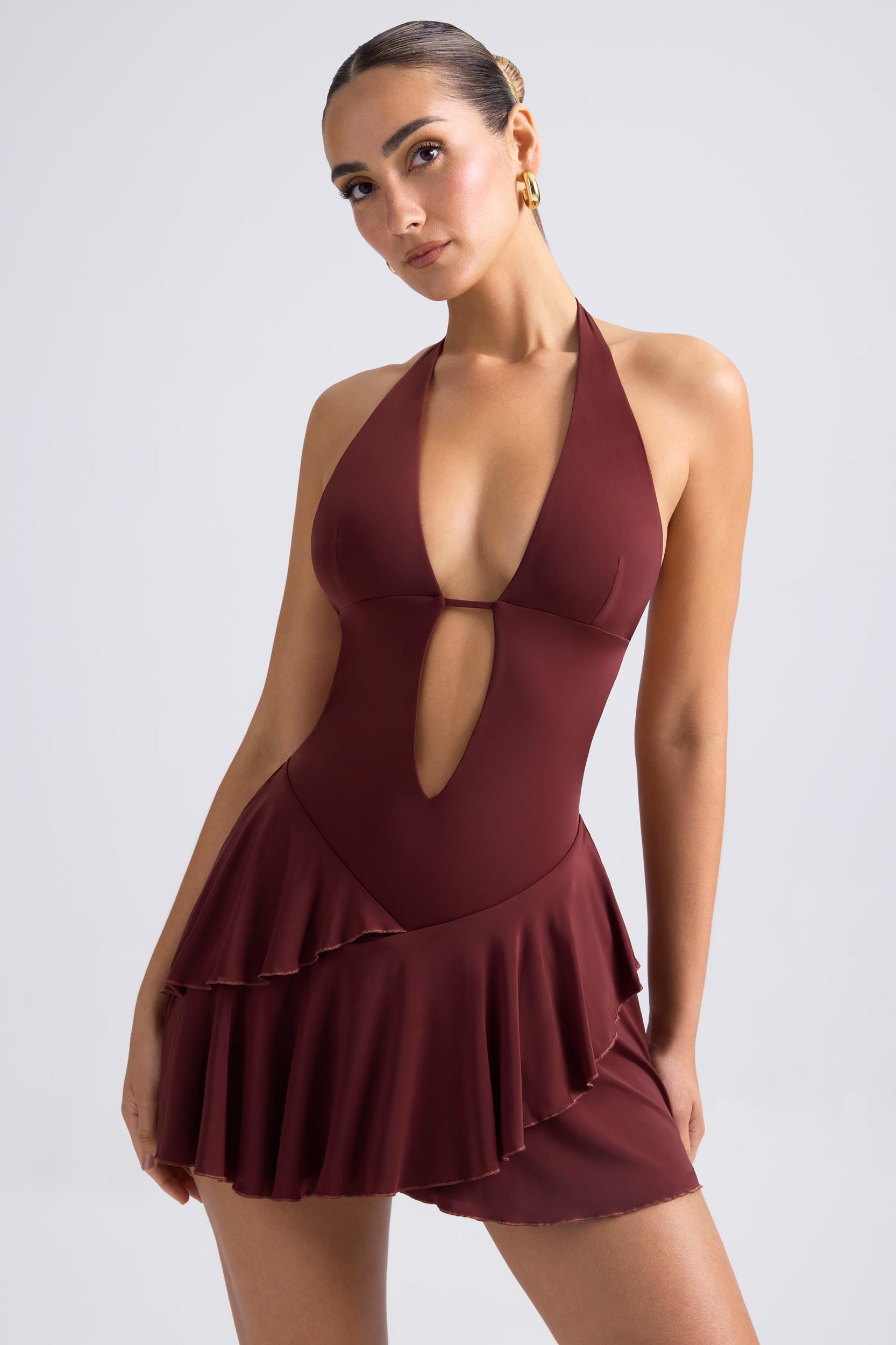 Ruffled Cut-Out Halterneck Mini Dress in Chestnut Brown Product Image