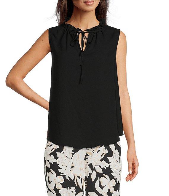 Anne Klein Solid Crepe de Chine Ruffle Tie Collar Sleeveless Tulla Blouse Product Image