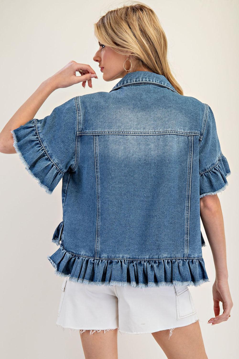 Ruffle Edge Short Sleeve Denim Jacket Product Image