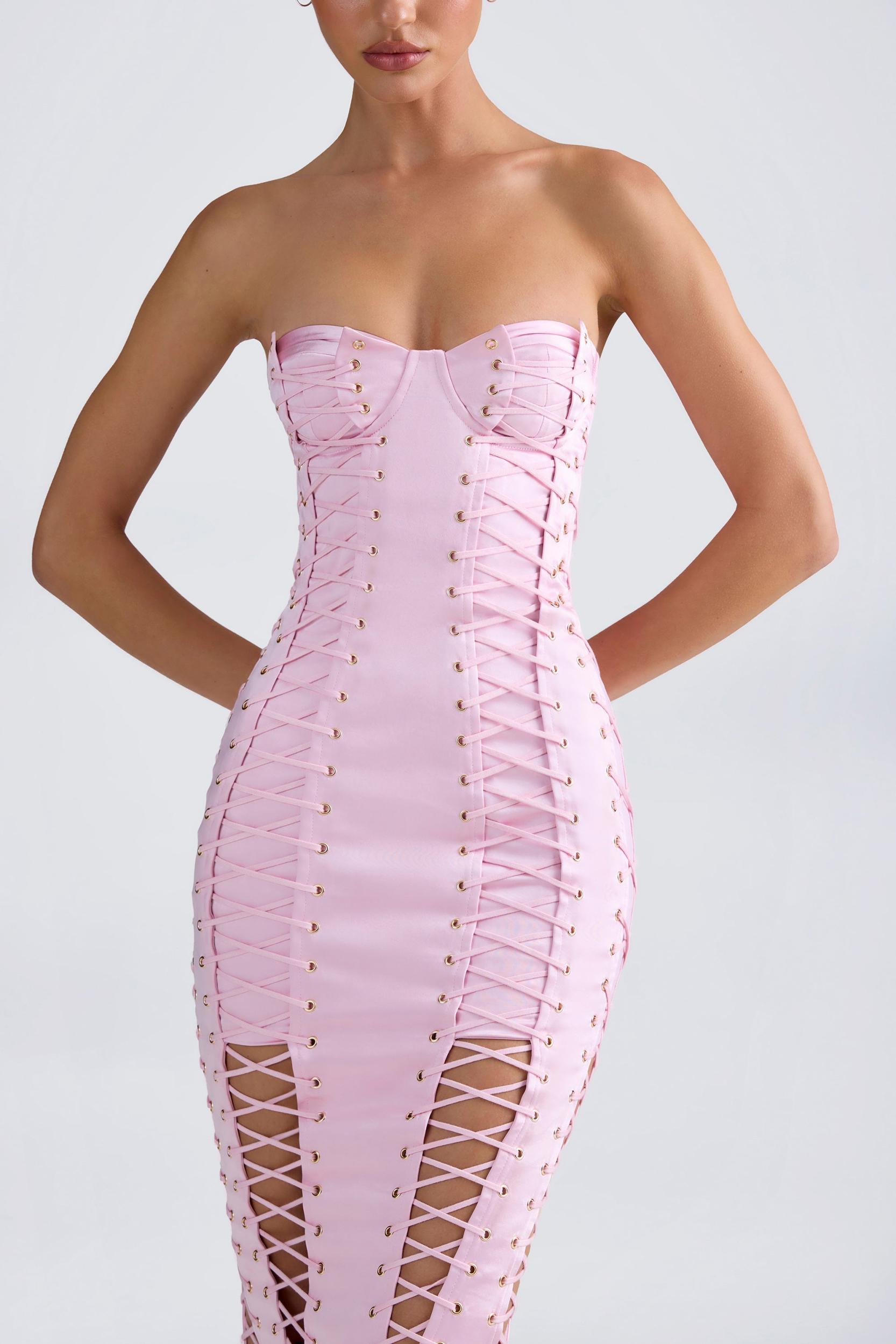 Lace-Up Corset Gown in Light Pink Product Image